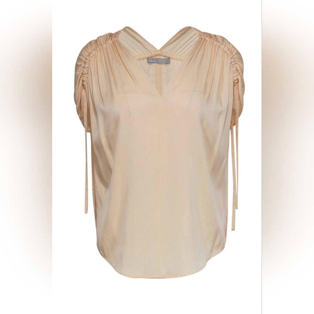 NWT Vince Beige Solid Ruched Short-Sleeve V-neck Silk Blouse Size Large